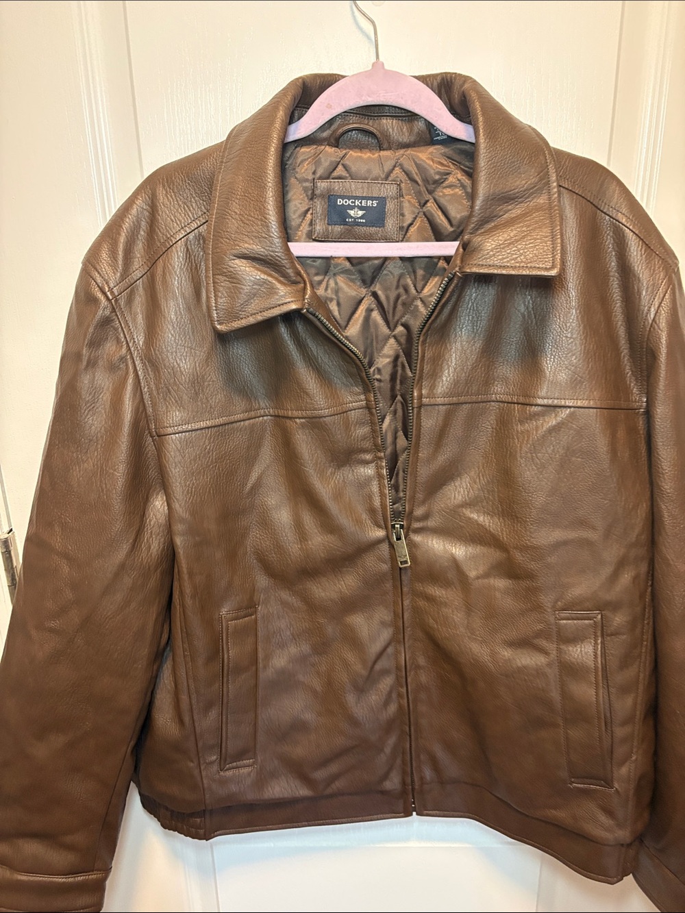 Dockers Women's Brown Leather Zip Jacket with Quilted Lining